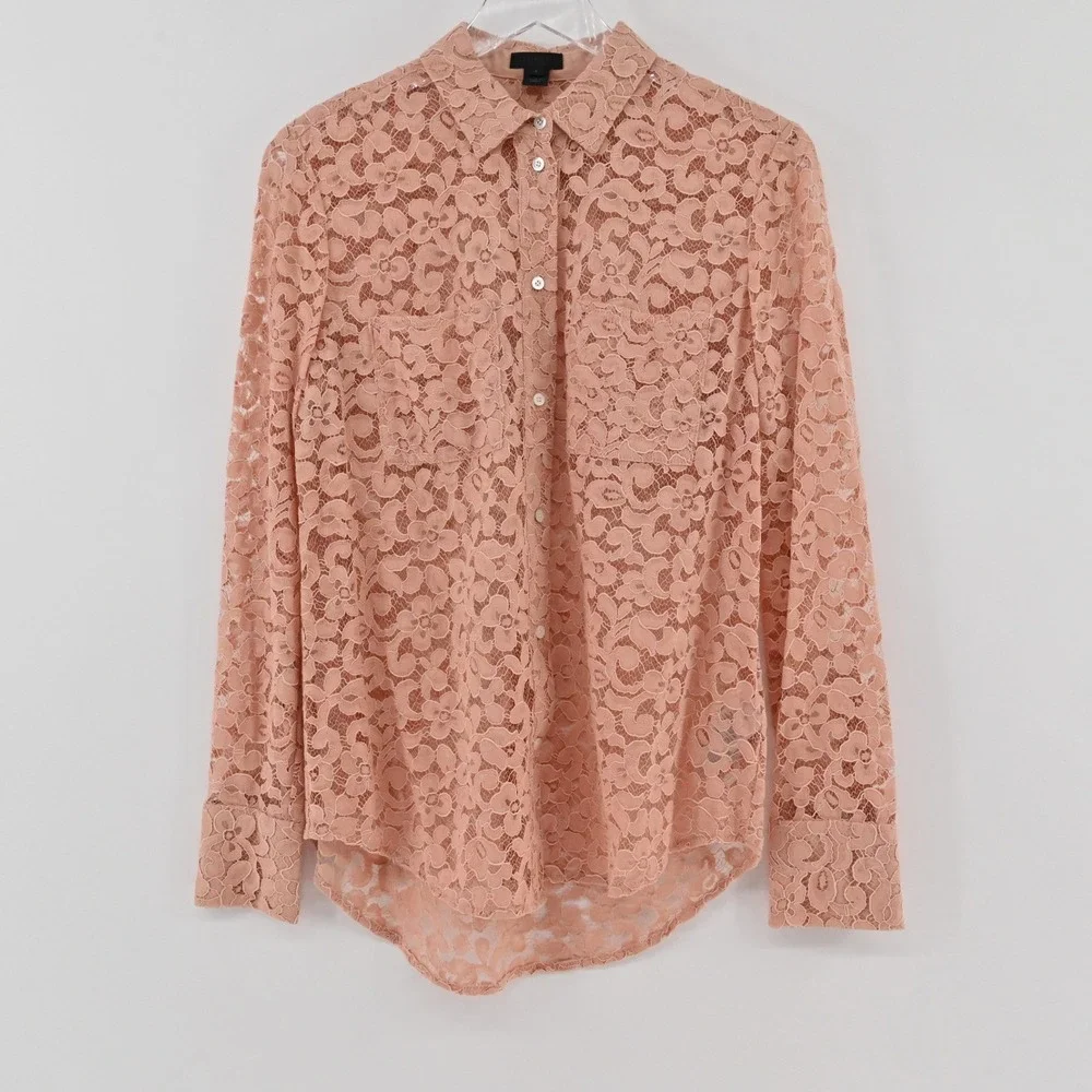 J Crew Collection Floral Lace Button Down Womens Size 4 Peach Cotton Shirt Boho